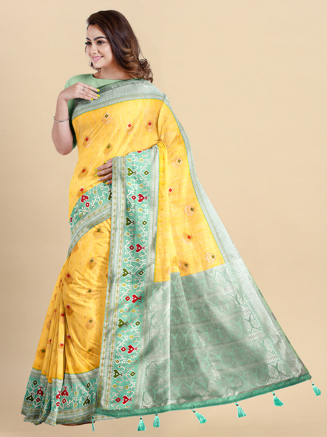 Semi Linen Yellow with Green Colour Weaving Saree SL98