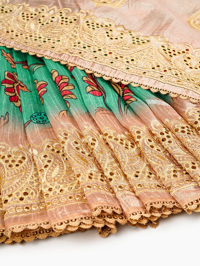 Semi Raw Silk Green and Sandal Colour Flower Design Printed Saree SRS17