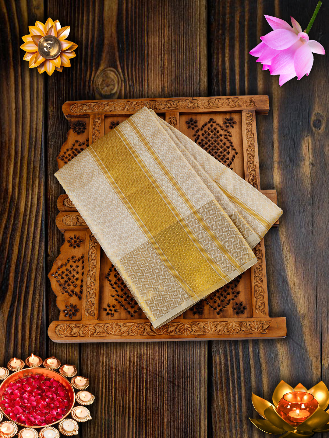 Premium Pure Silk Tissue Gold Dhoti with 5" Gold Jari Border Upasana