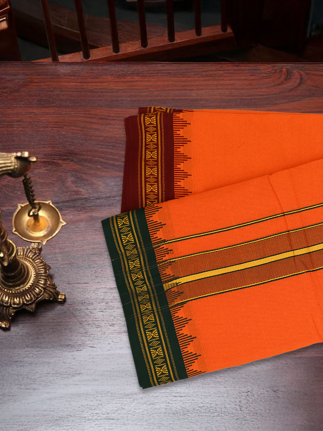 Men 100% Cotton Fancy Border Panchakacham with Angavasthram Orange(9+5)