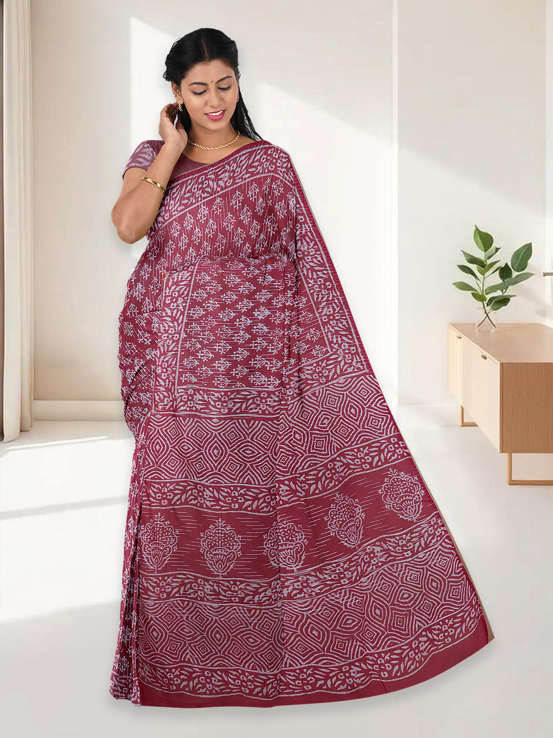 Women Cherry Red Pure Cotton Saree PCS198