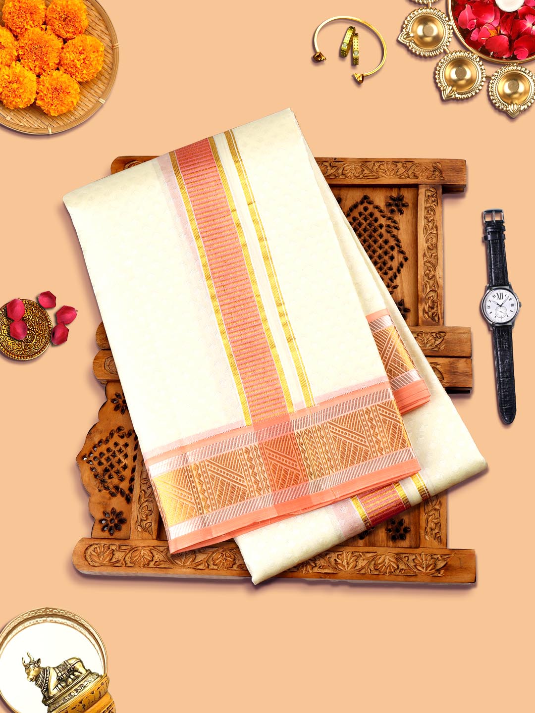 Mens Pure Silk Cream Embossed Design 2" Orange Jari Border With Towel Thirukalyan-view two