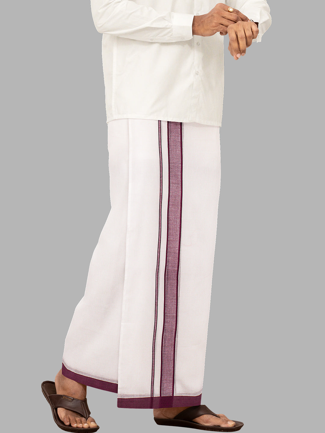 Men Maroon Fancy Border Double Layer White Dhoti RP6