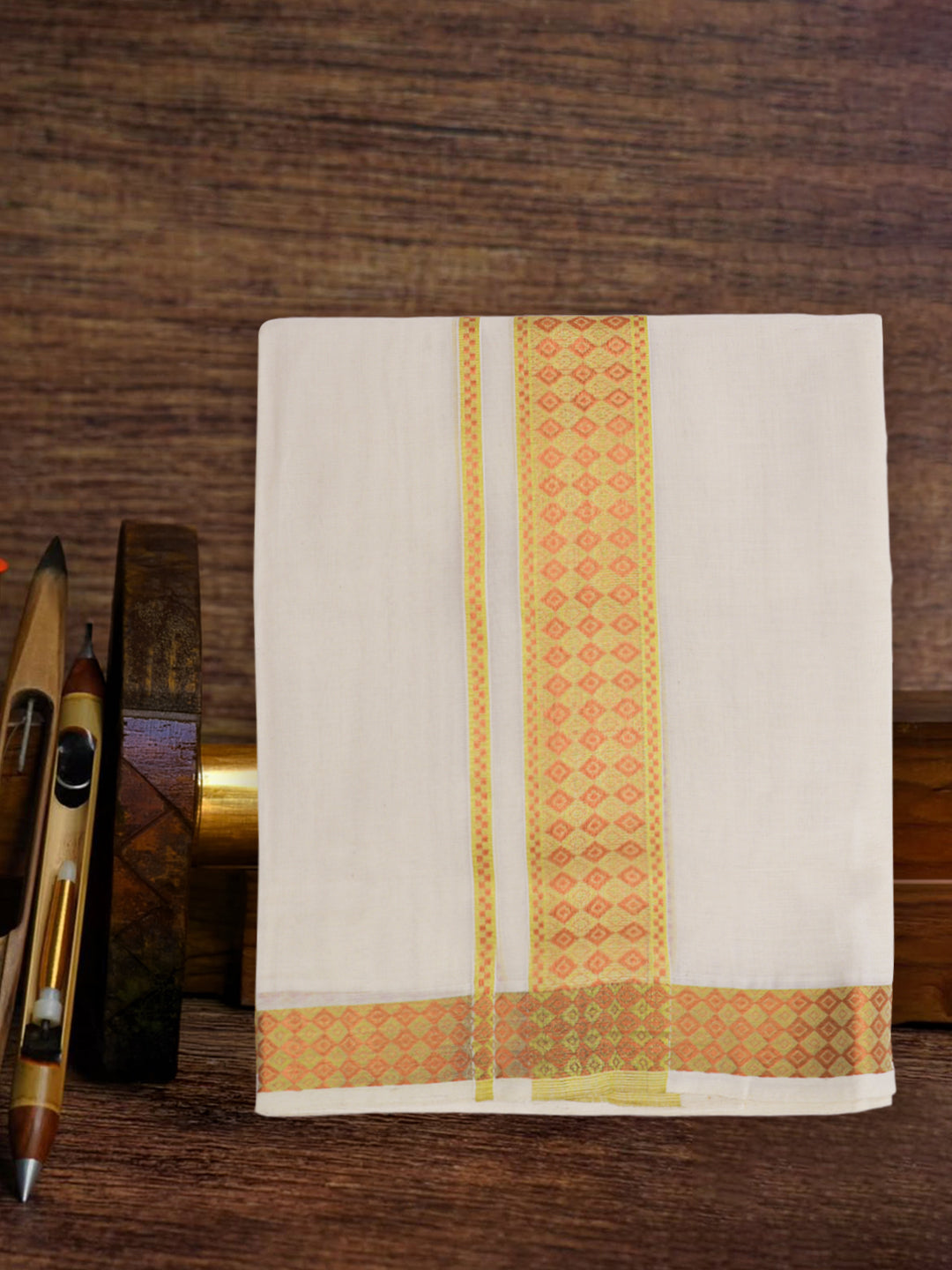 Men Premium Handloom Cream Dhoti with Fancy Jari Border HLM96