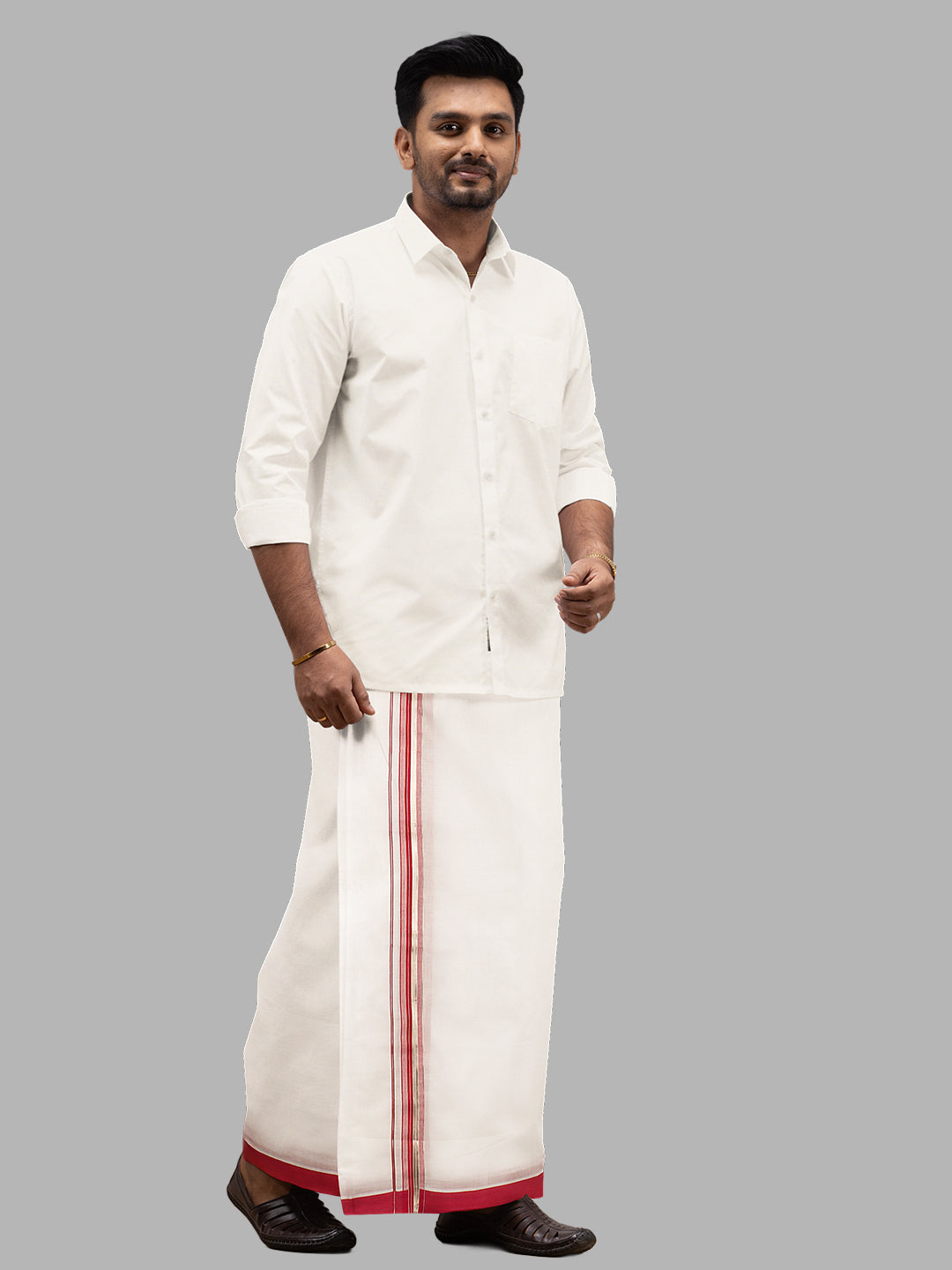 Men Red Fancy Jari Border Double Layer White Dhoti RG03