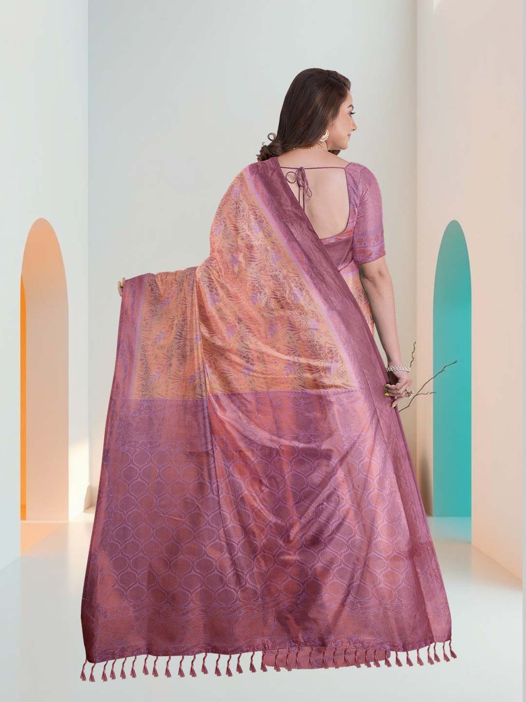 Women Peach with Purple Art Silk Printed Saree ASS67