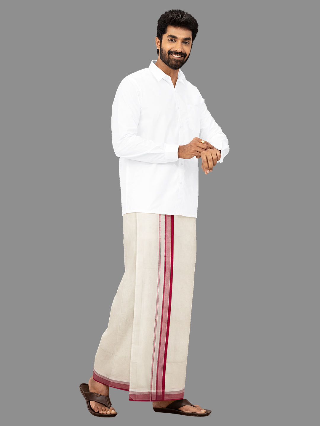 Men Maroon Fancy Jari Border Kora Double Layer Dhoti Harmony Fancy