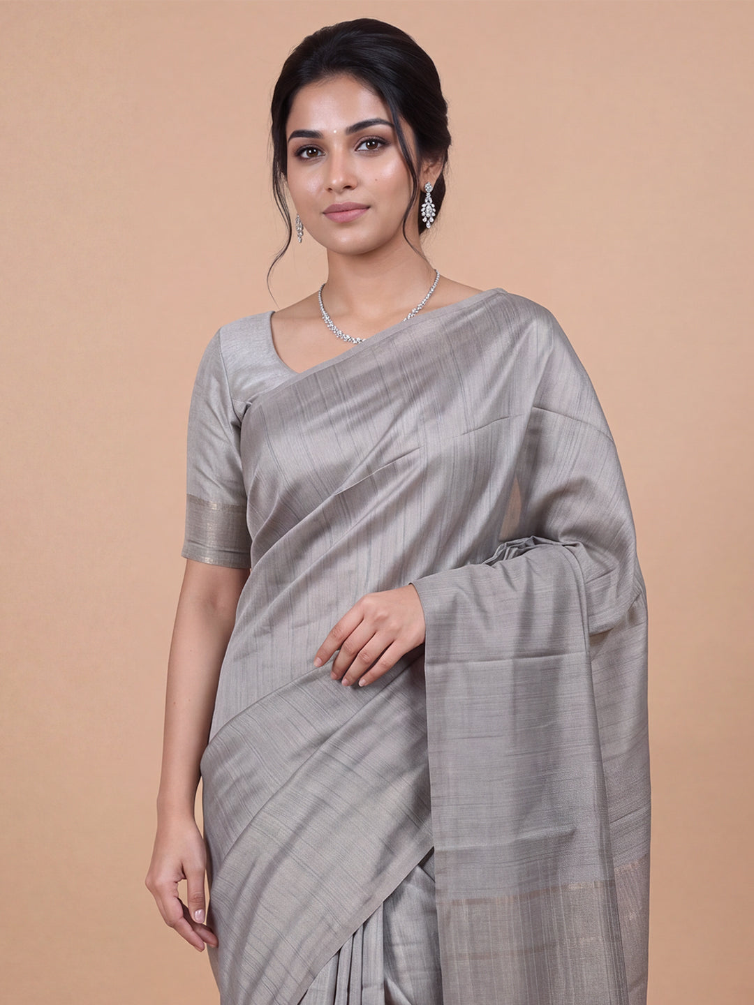 Women Semi Tussar Grey Striped Saree ST363