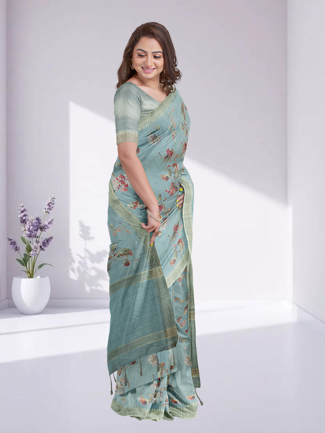 Women Mint Green Semi Raw Silk Printed Saree SRS106