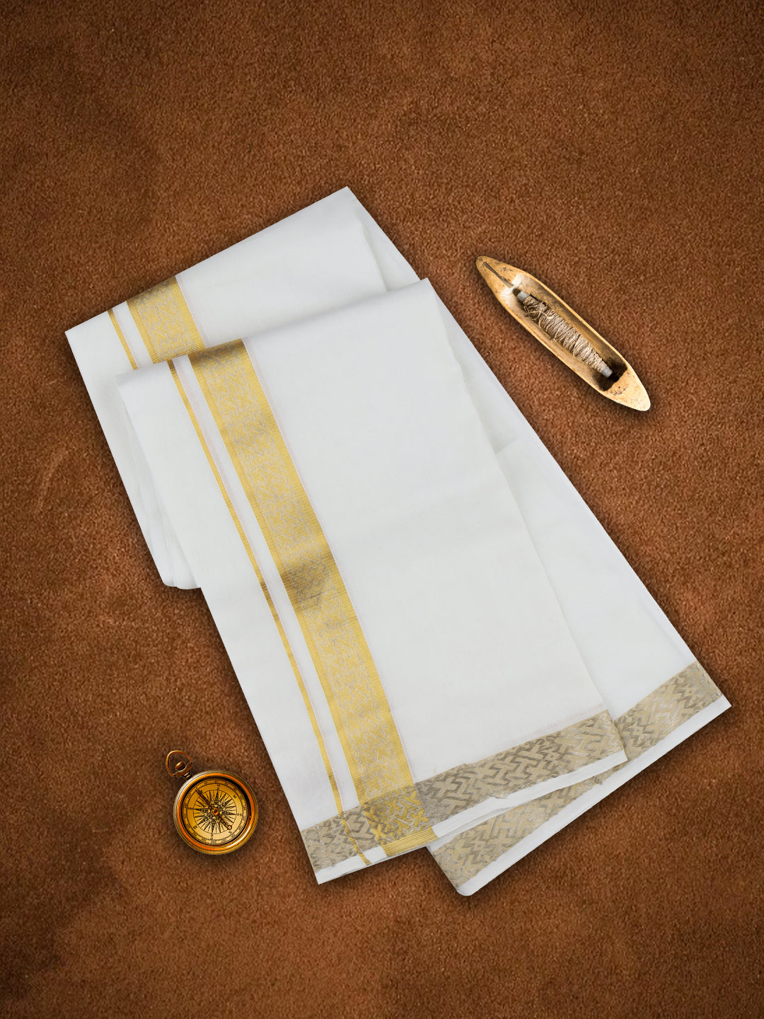 Mens Premium Handloom Dhoti Gold & Silver Jari Border HLM10