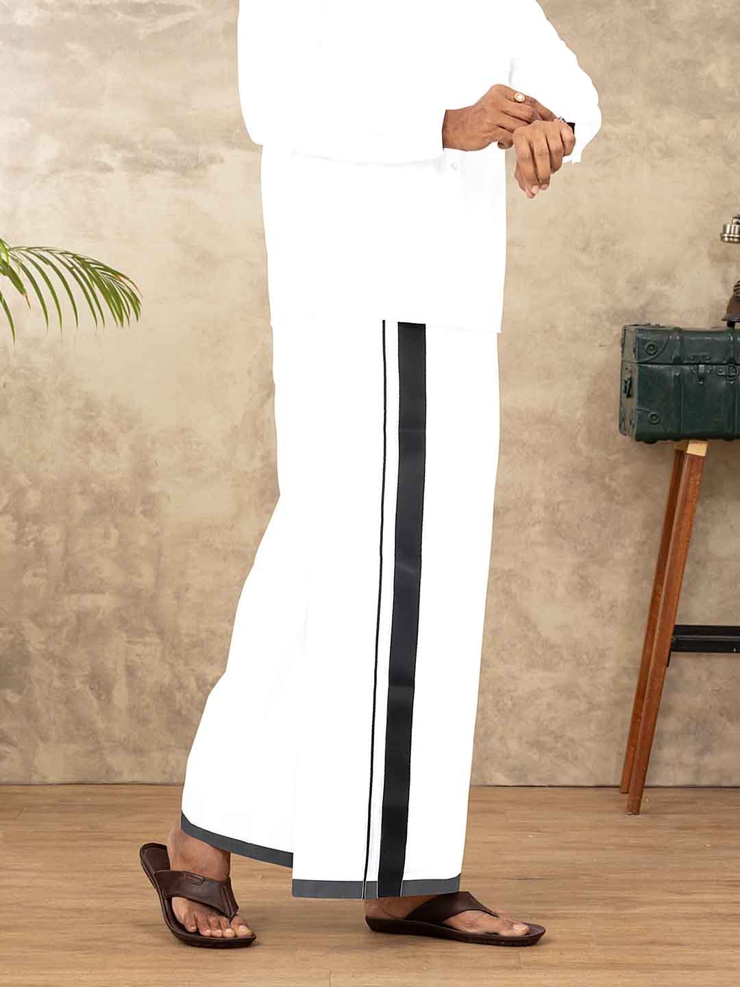 Men Cotton Blend Double Layer White Dhoti with Fancy Border TS01