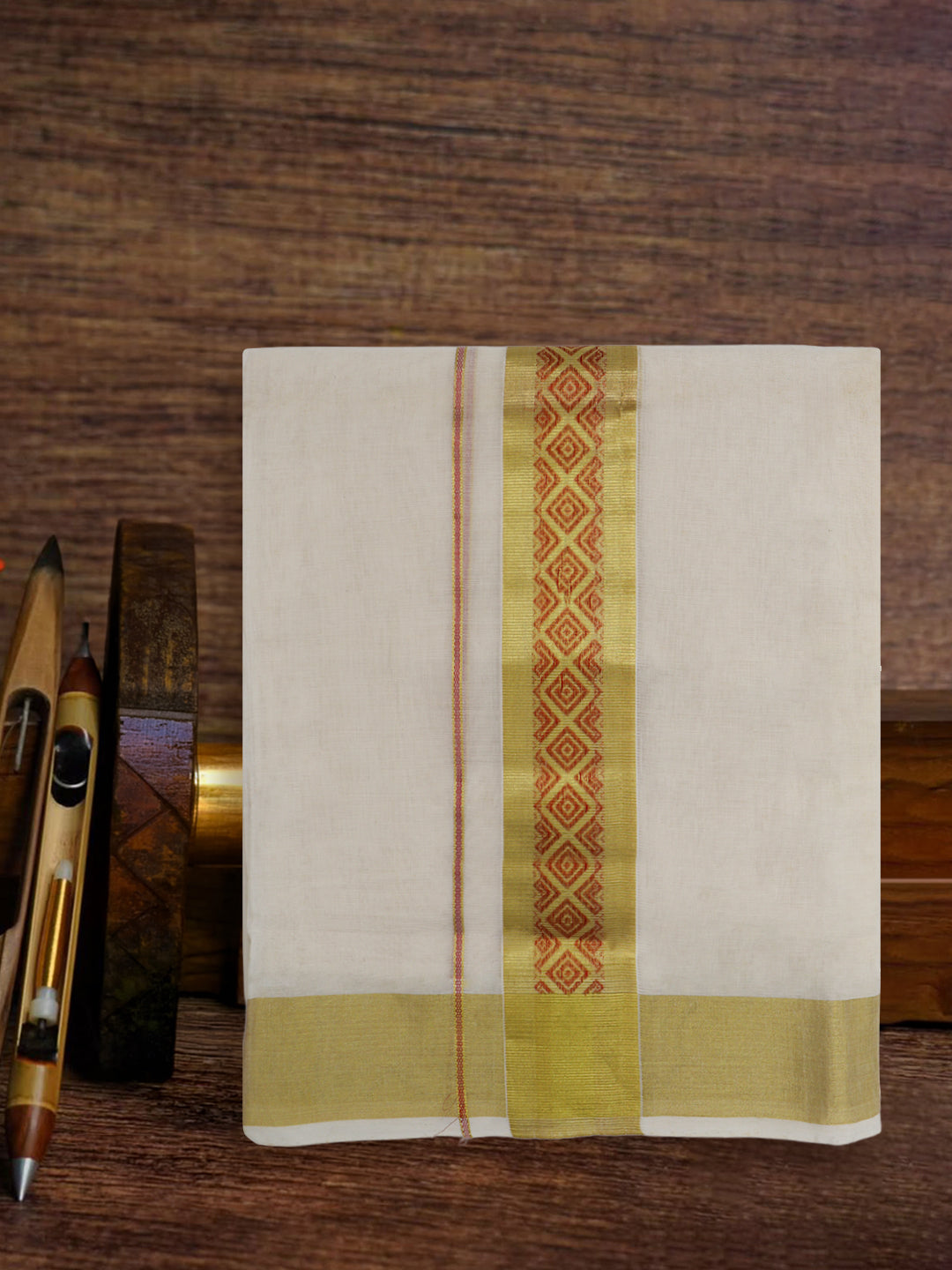 Men Premium Handloom Cream Dhoti with Fancy Jari Border HLM109