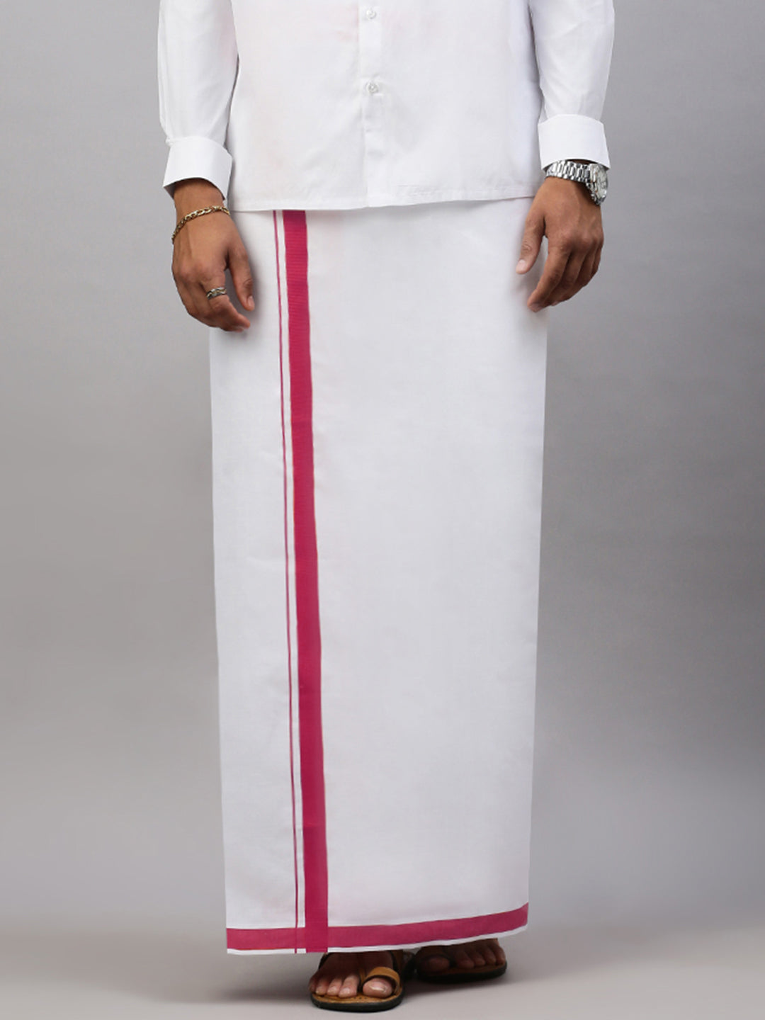 Men Dark Pink Border Single Layer White Dhoti Winner Spl WS21