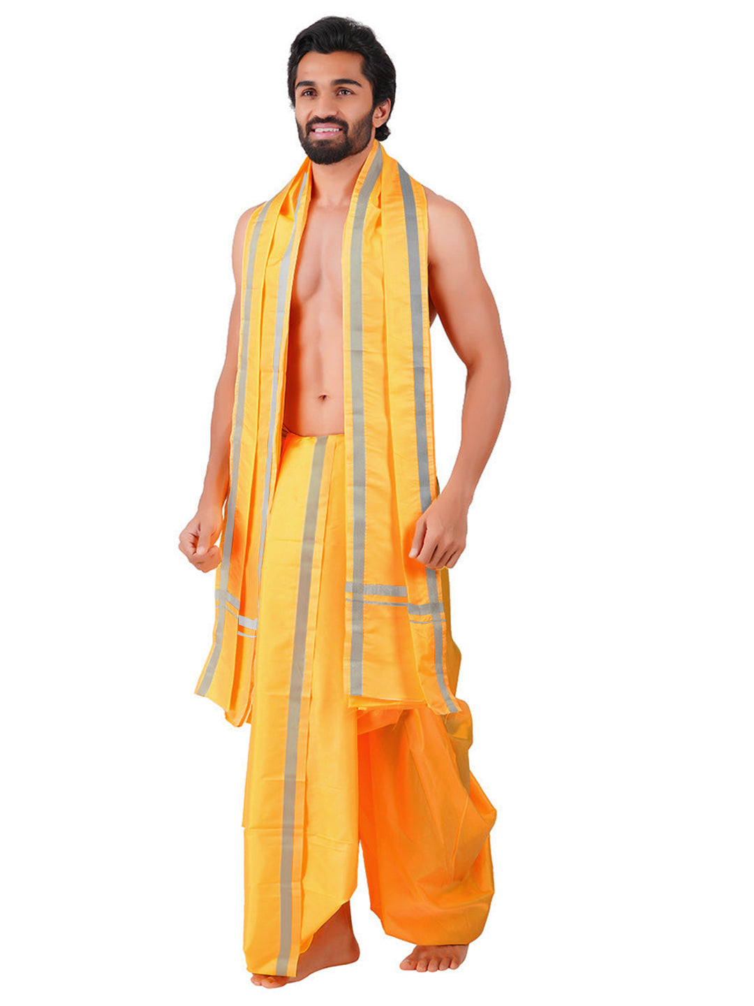 Mens Art Silk Panchakacham with Angavastram Jayadeva Silver (9+5) L.Yellow