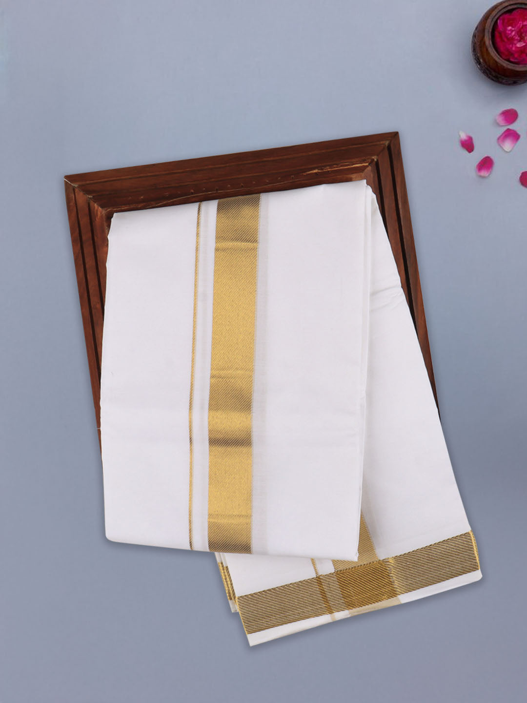Men 100% Cotton Single Layer White Dhoti with Gold Jari Border Majesty