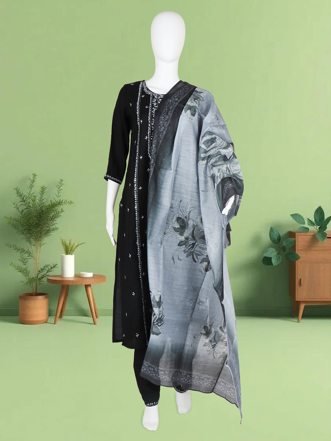 Women Silky Crush Embroidered Kurti Set Black EKS89