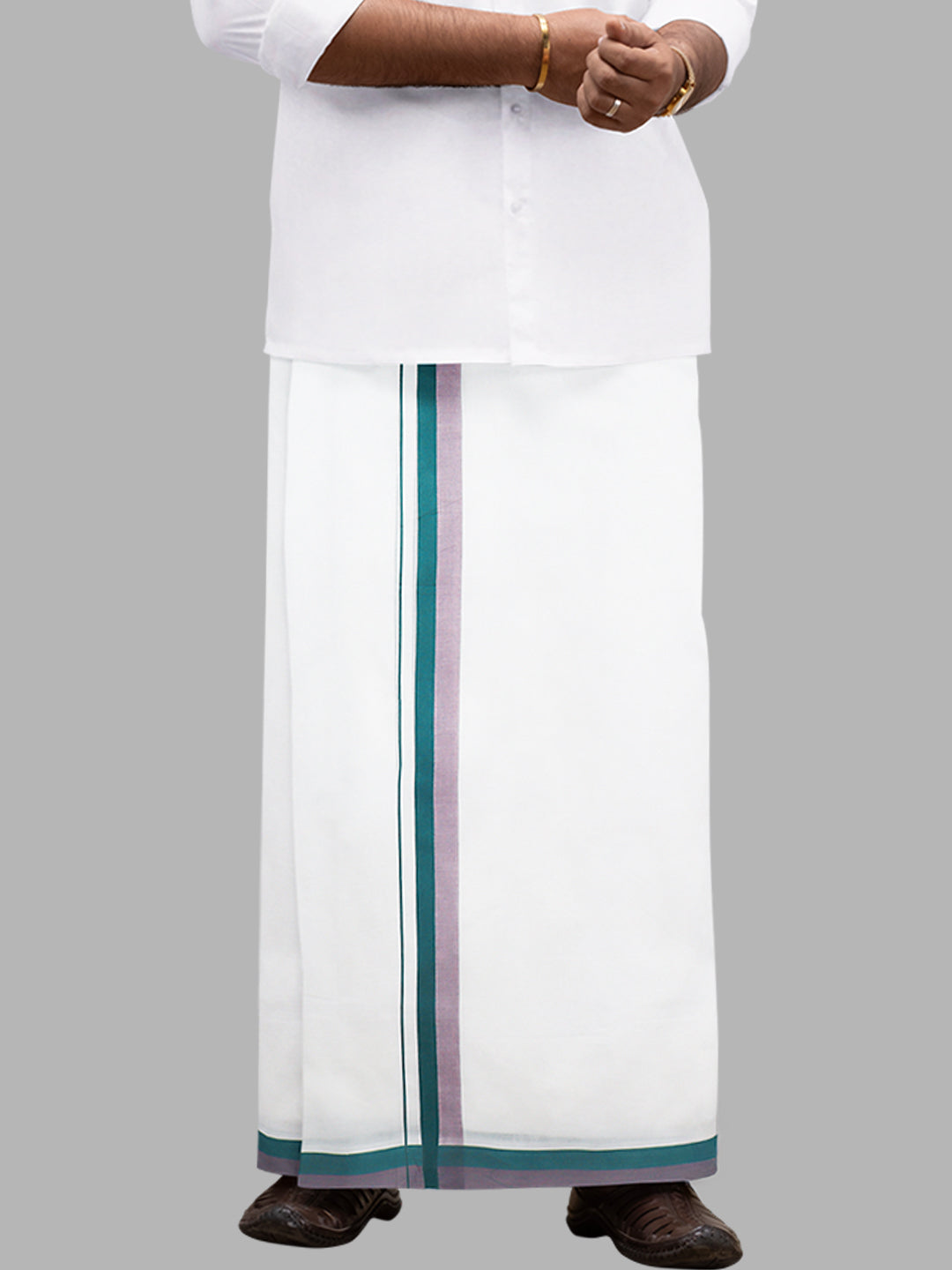 Men Green Fancy Border Double Layer White Dhoti PMF1