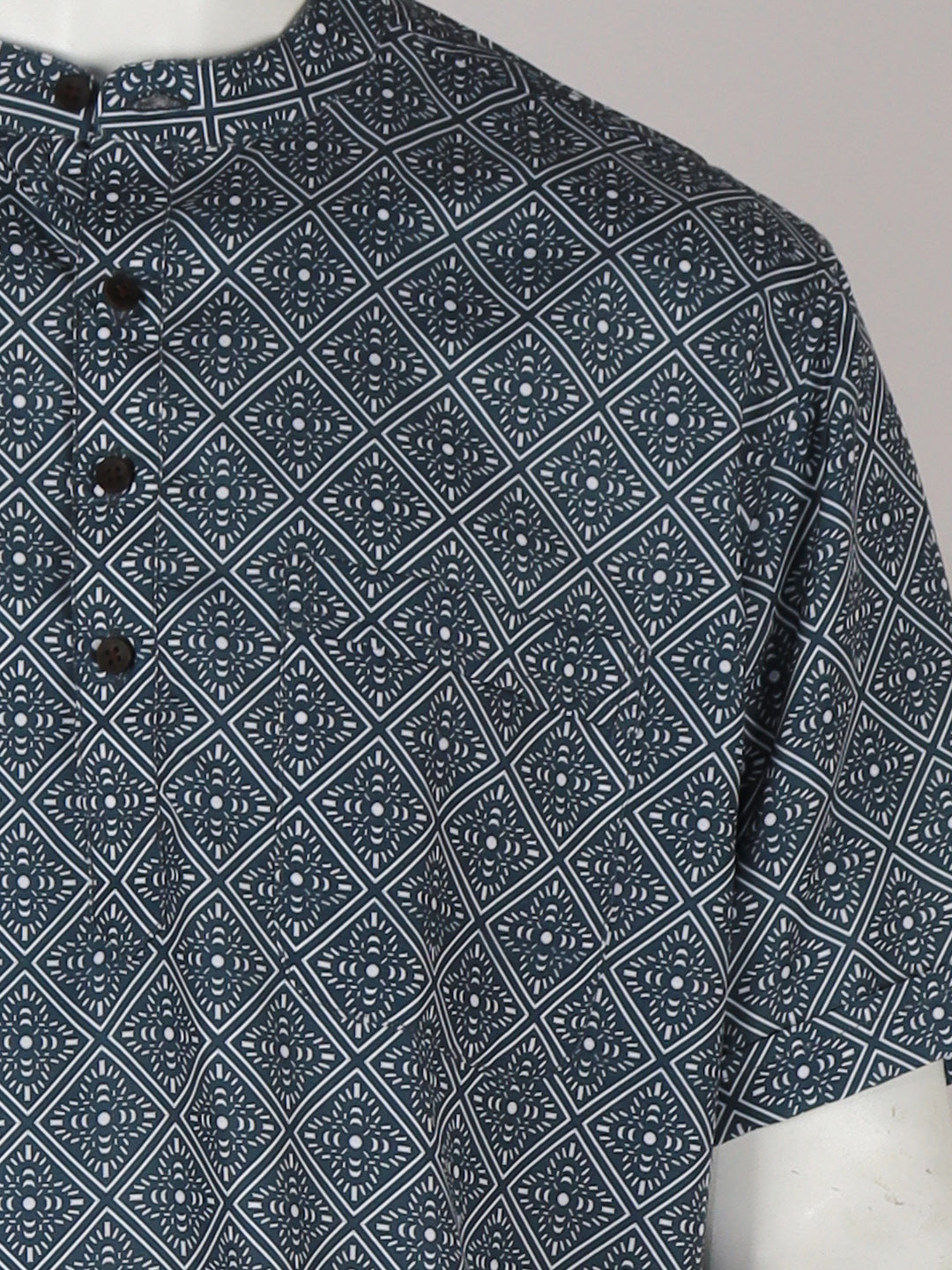Men Cotton Short Length Printed Pocket Kurta Greyish Blue RH02