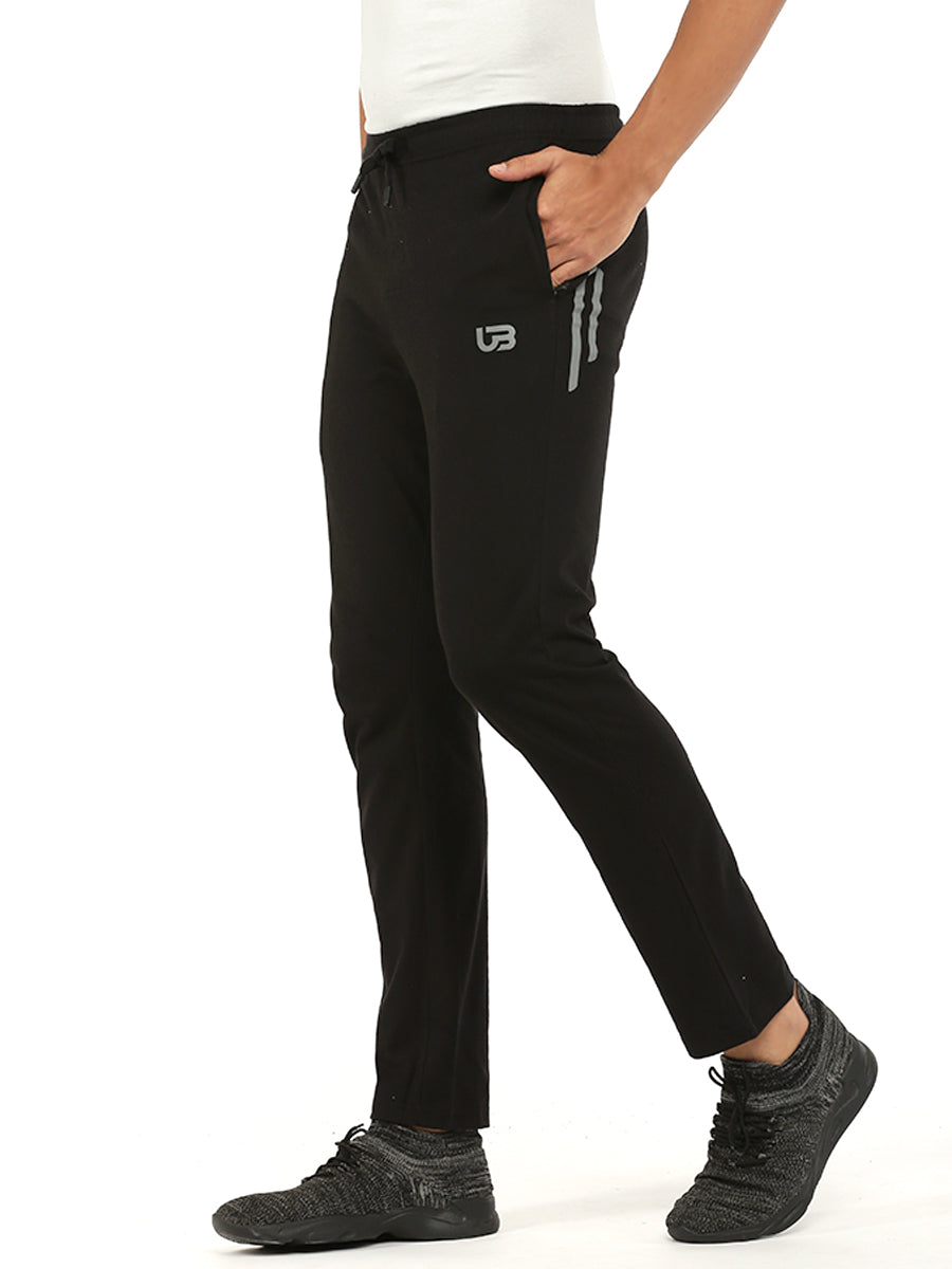 Combed Cotton Black Regular Fit Track pants with Pockets