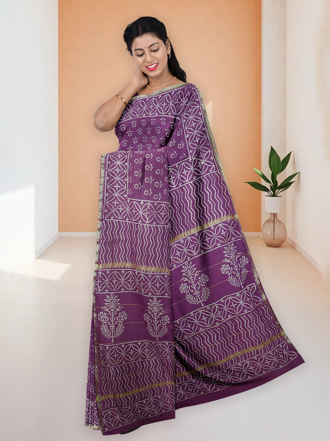 Women Violet Semi Chanderi Cotton Printed Saree SC72
