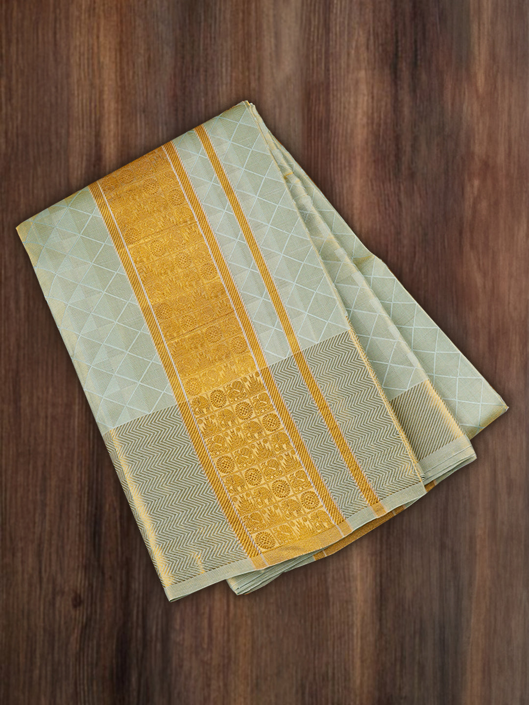 Premium Pure Silk Tissue Green Dhoti with 5" Gold Jari Border Upasana