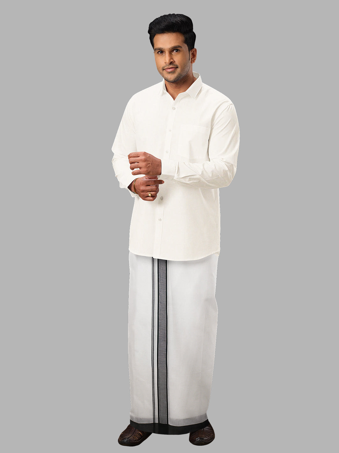 Men Black Fancy Border Double Layer White Dhoti RP2