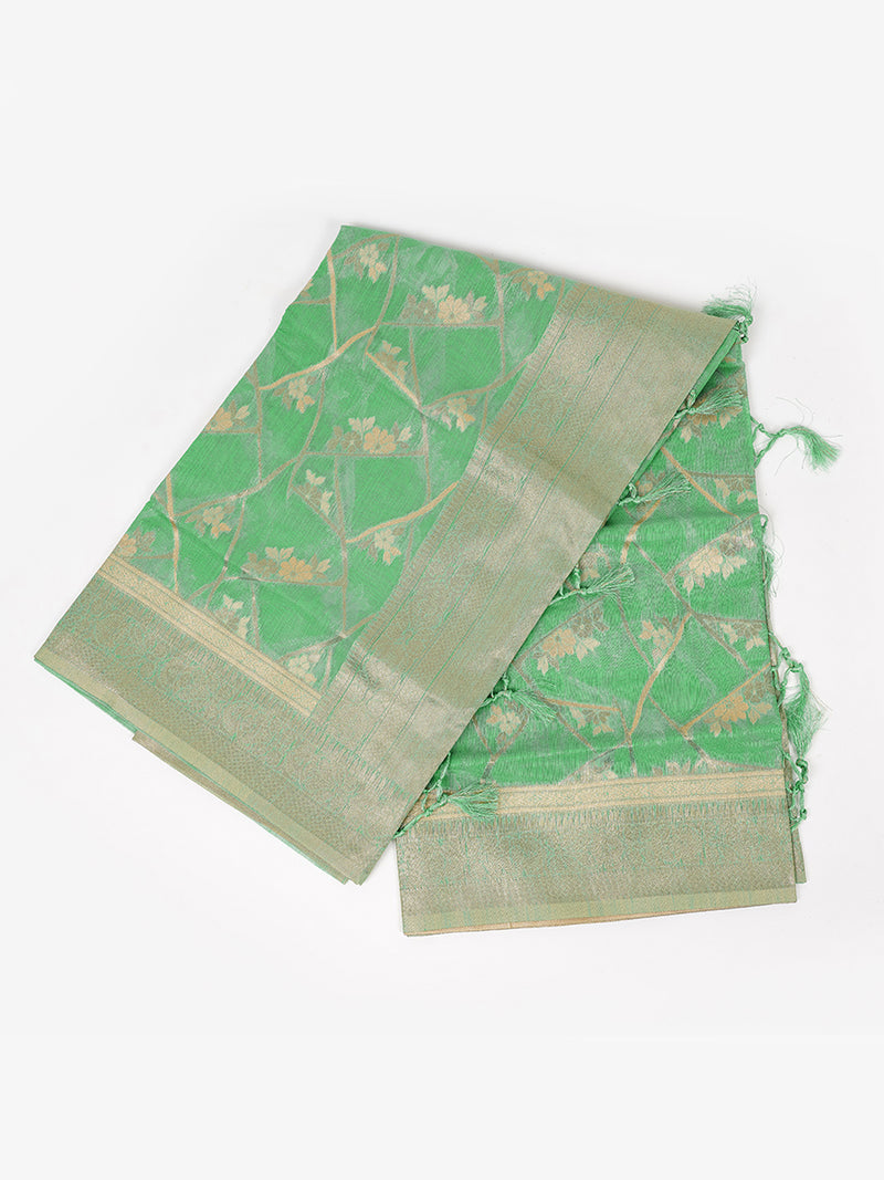 Stylish Flower Design Green Semi Kora Cotton Saree SK71