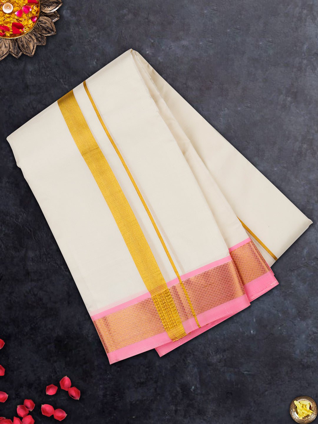 Premium Pure Silk Cream Dhoti with 1 1/2"Gold Jari Mixing Pink Color Fancy Border "Upasana"