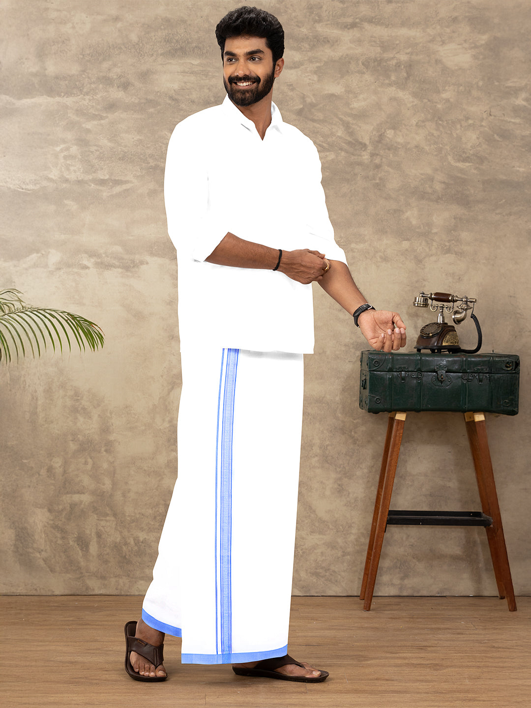 Men Cotton Blend Single Layer White Dhoti with Fancy Jari Border HSF02