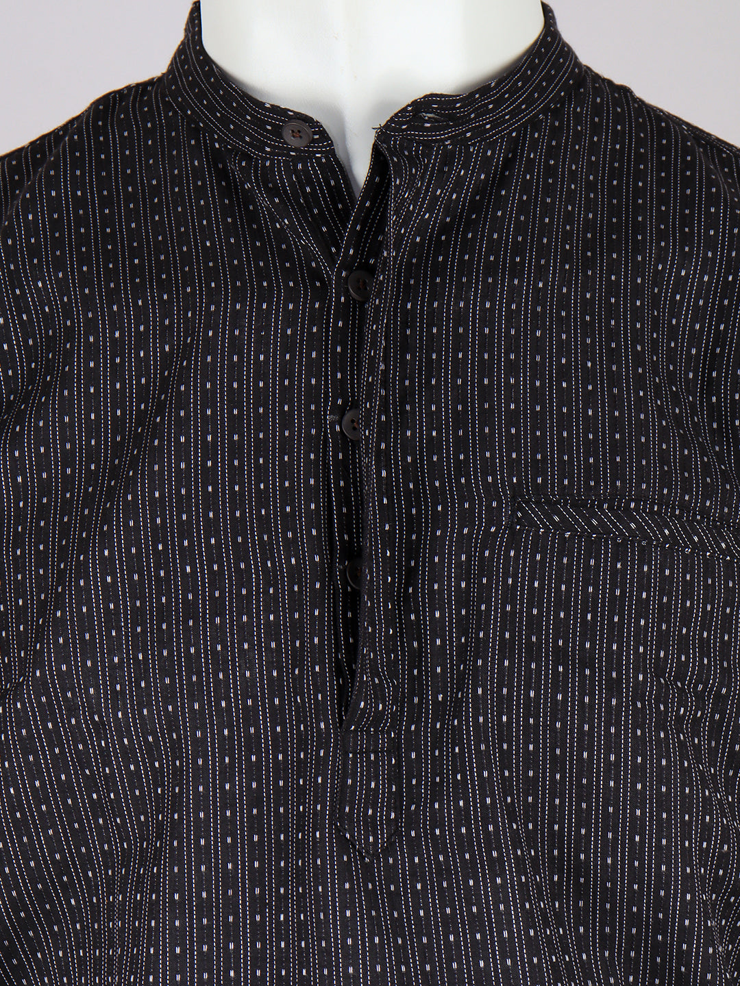 Men Cotton Short Length Stripes Pocket Kurta Black RJ31