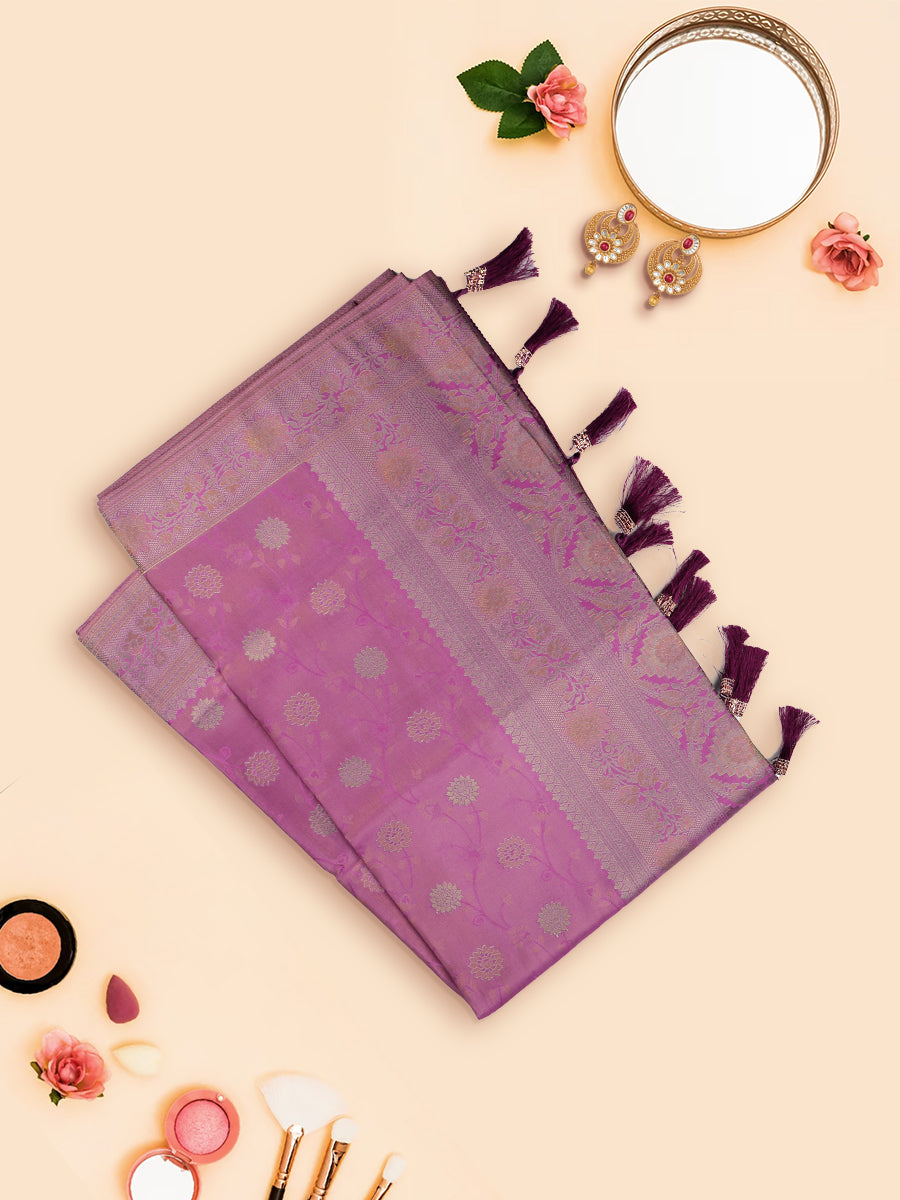 Women Stylish Flower Design Semi Silk Lavender Saree with Jari Border SS77-View two