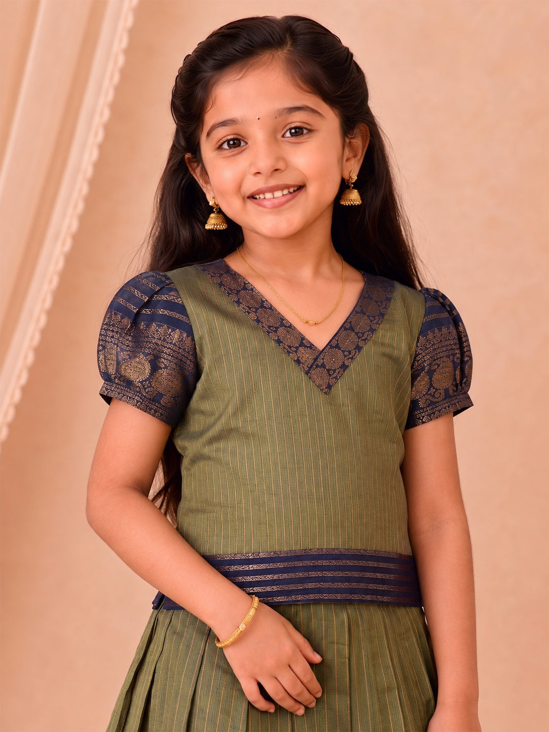 Girls Cotton Green with Blue Pattu Pavadai Set GPS54