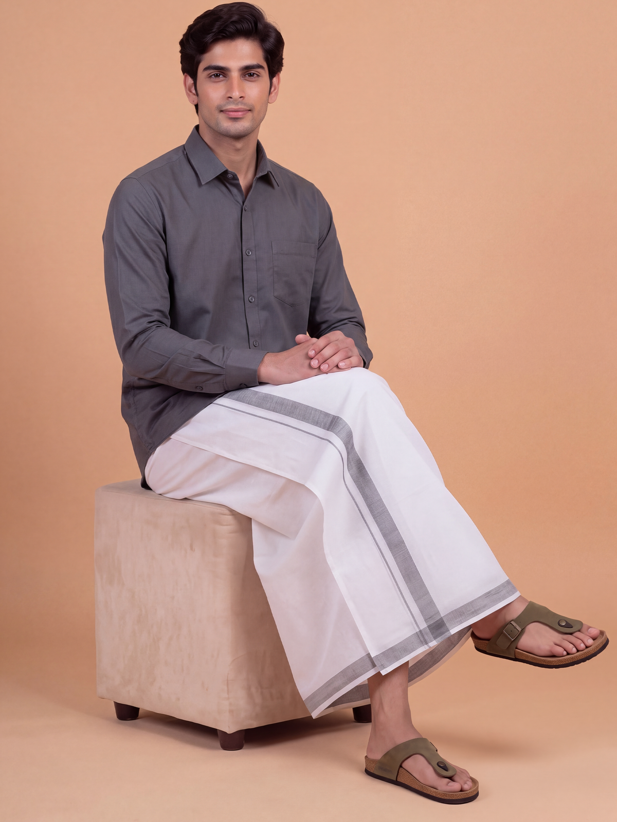 Double Layer Pure Linen White Dhoti with Silver Jari Border - Europian Gift 3.90m