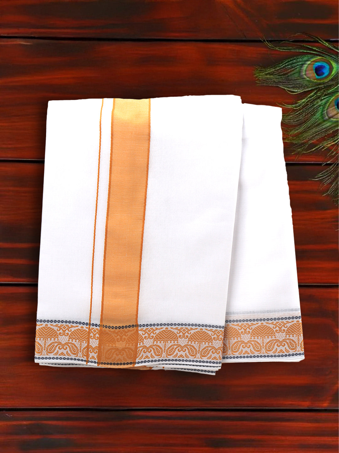 Men Cotton Mustard Fancy Border Panchakacham with Angavasthram Srirasthu(9+5) SR40