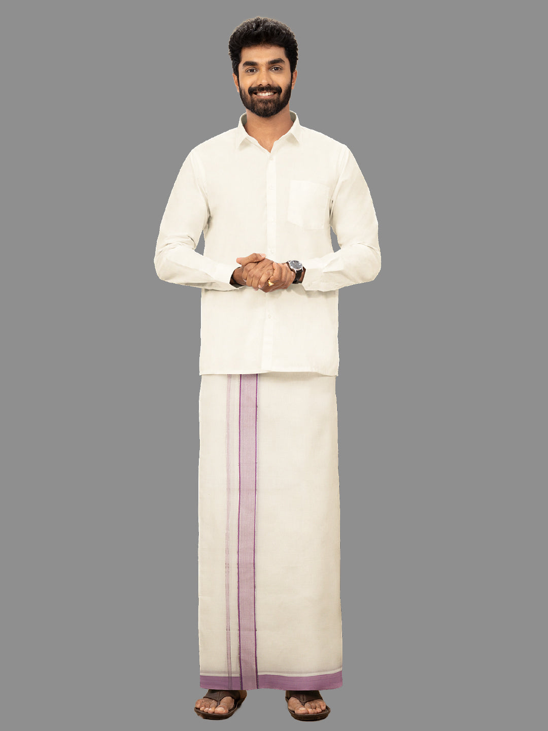 Men Violet Fancy Jari Border Kora Double Dhoti Harmony Fancy