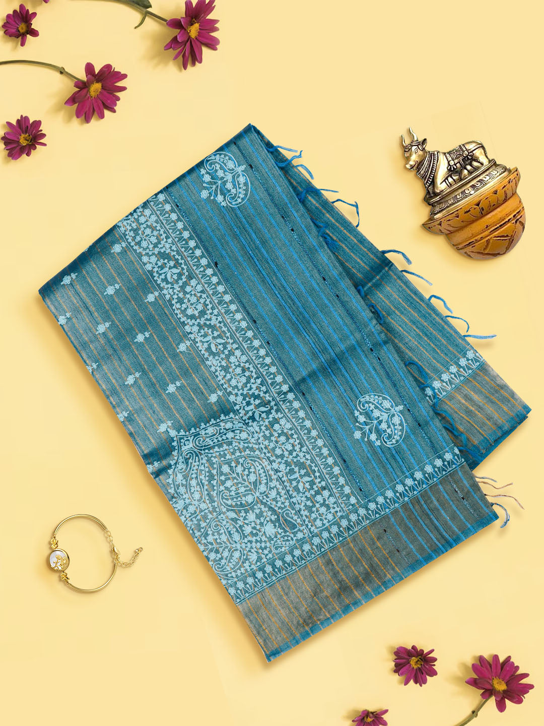 Women Elegant Blue Colour Pure Tussar Embroidery Saree PTP02