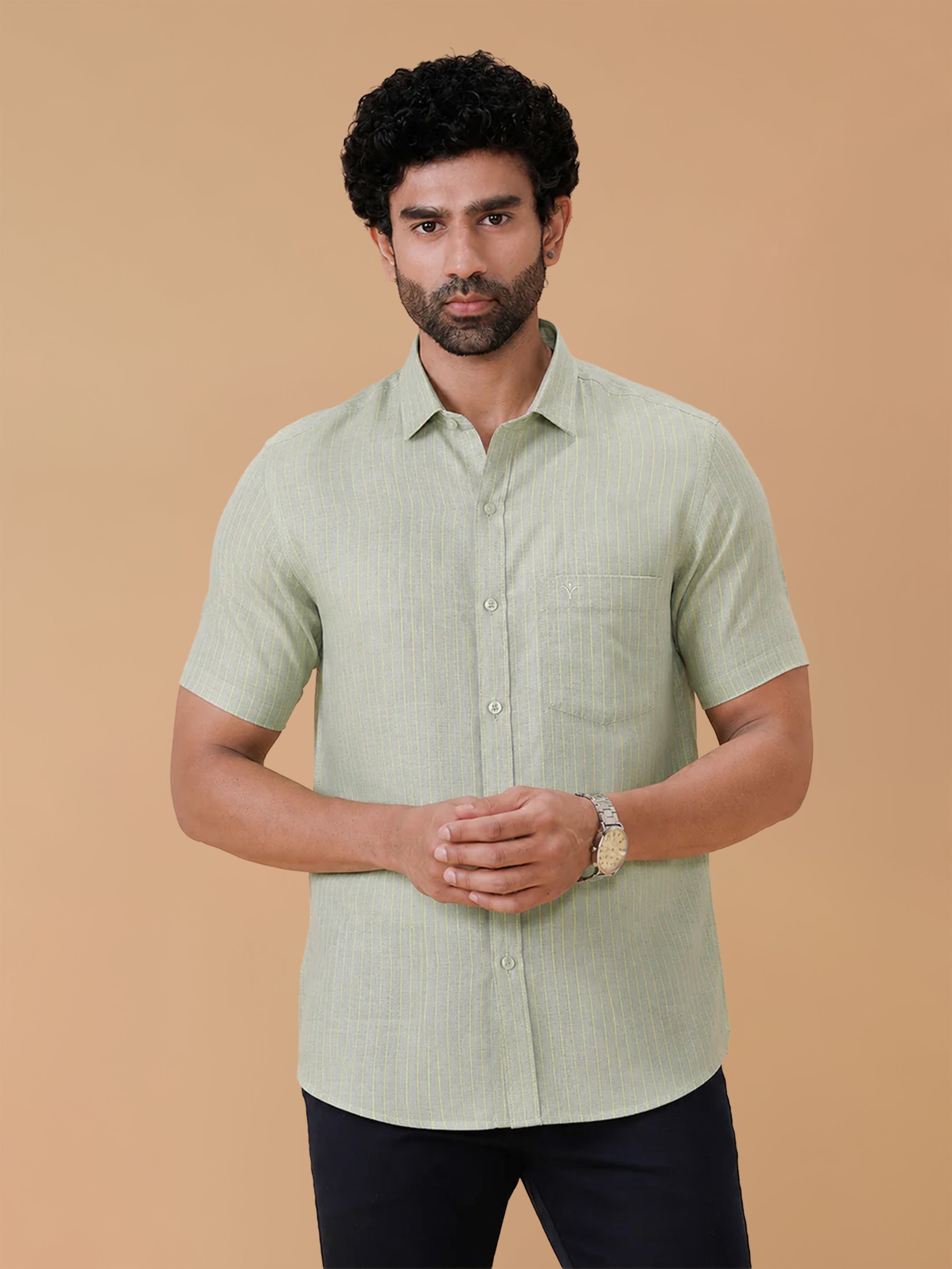 Pure Linen Yellowish Mist Green Striped Smart Fit Shirt LS34