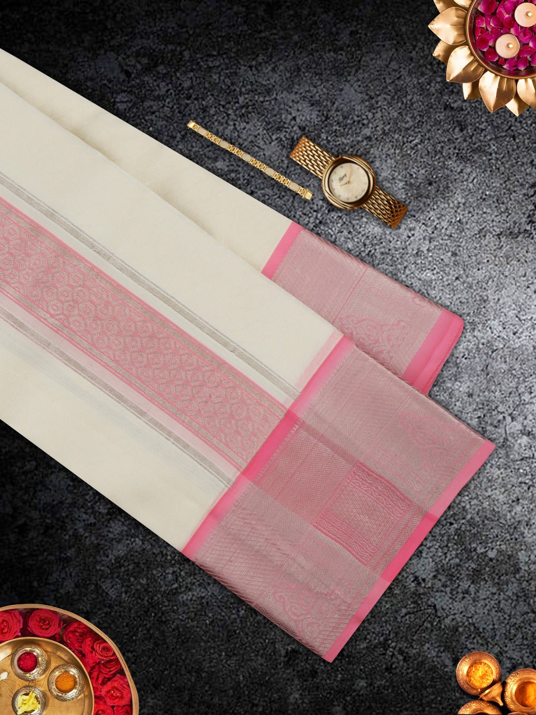 Pure Silk Cream Colour 4" Pink Jari Border Embossed Dhoti With Towel Thirukalyan-View one