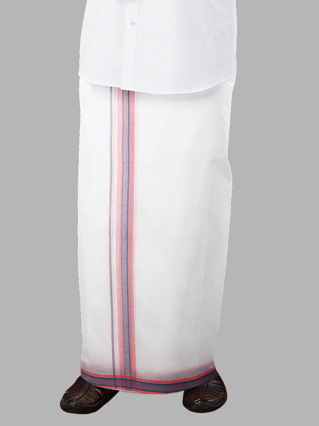 Men Pink Fancy Border Double Layer White Dhoti RVS05