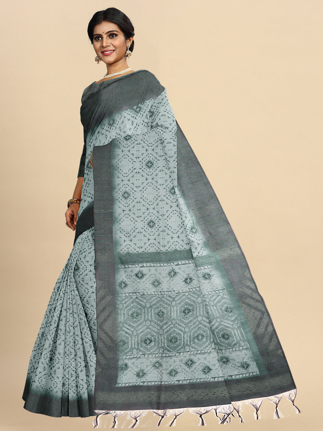 Semi Cotton Weaving Dark Green Colour with Flower Printed Saree SCS46