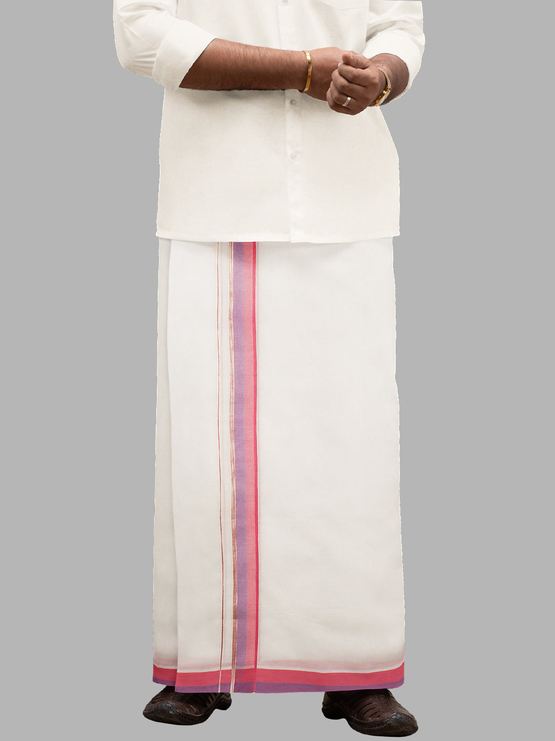 Men Pink Fancy Jari Border Double Layer White Dhoti PJF3