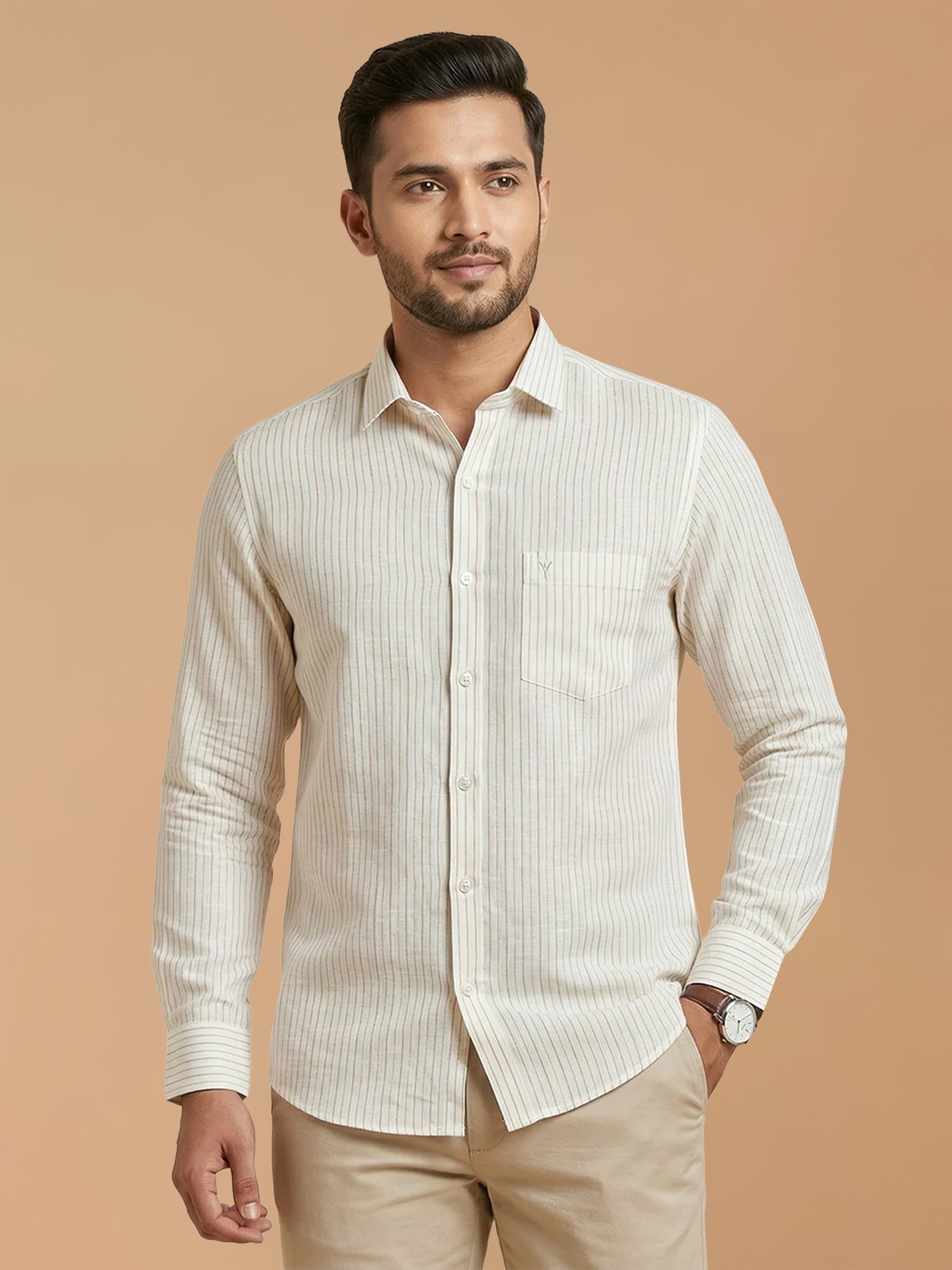 Pure Linen Beige Striped Smart Fit Shirt LS134