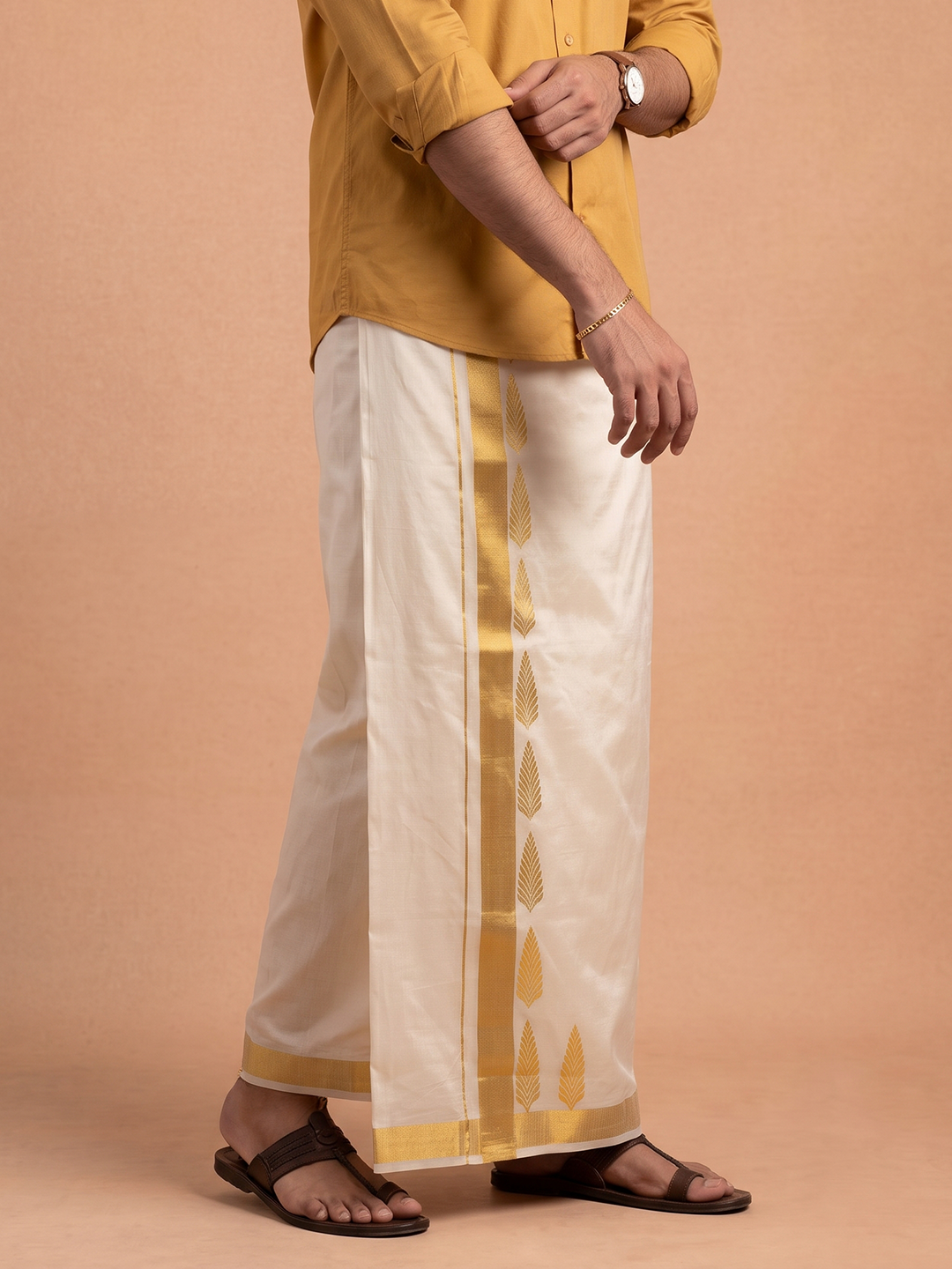 Double Layer Cotton Cream Kora Dhoti With Gold Jari Border - HF Gold HFG07