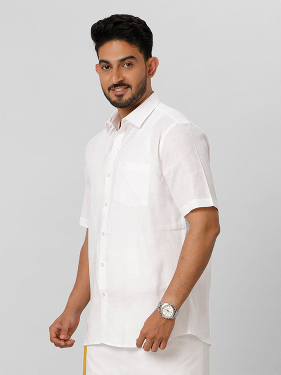 Mens Rich Linen Cotton White Shirt Half Sleeves-Side view