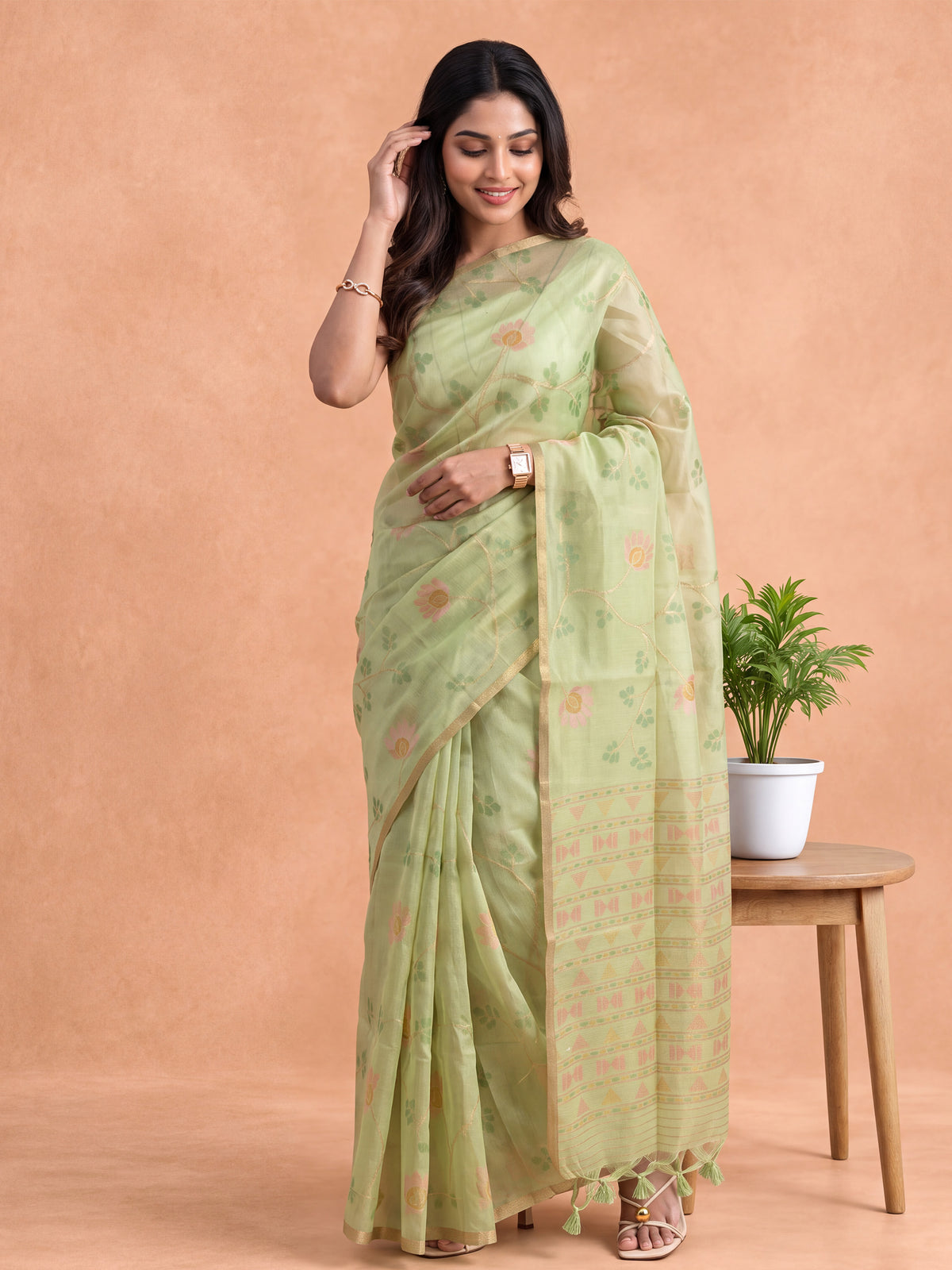 Women Spun Poly Green Saree SP26