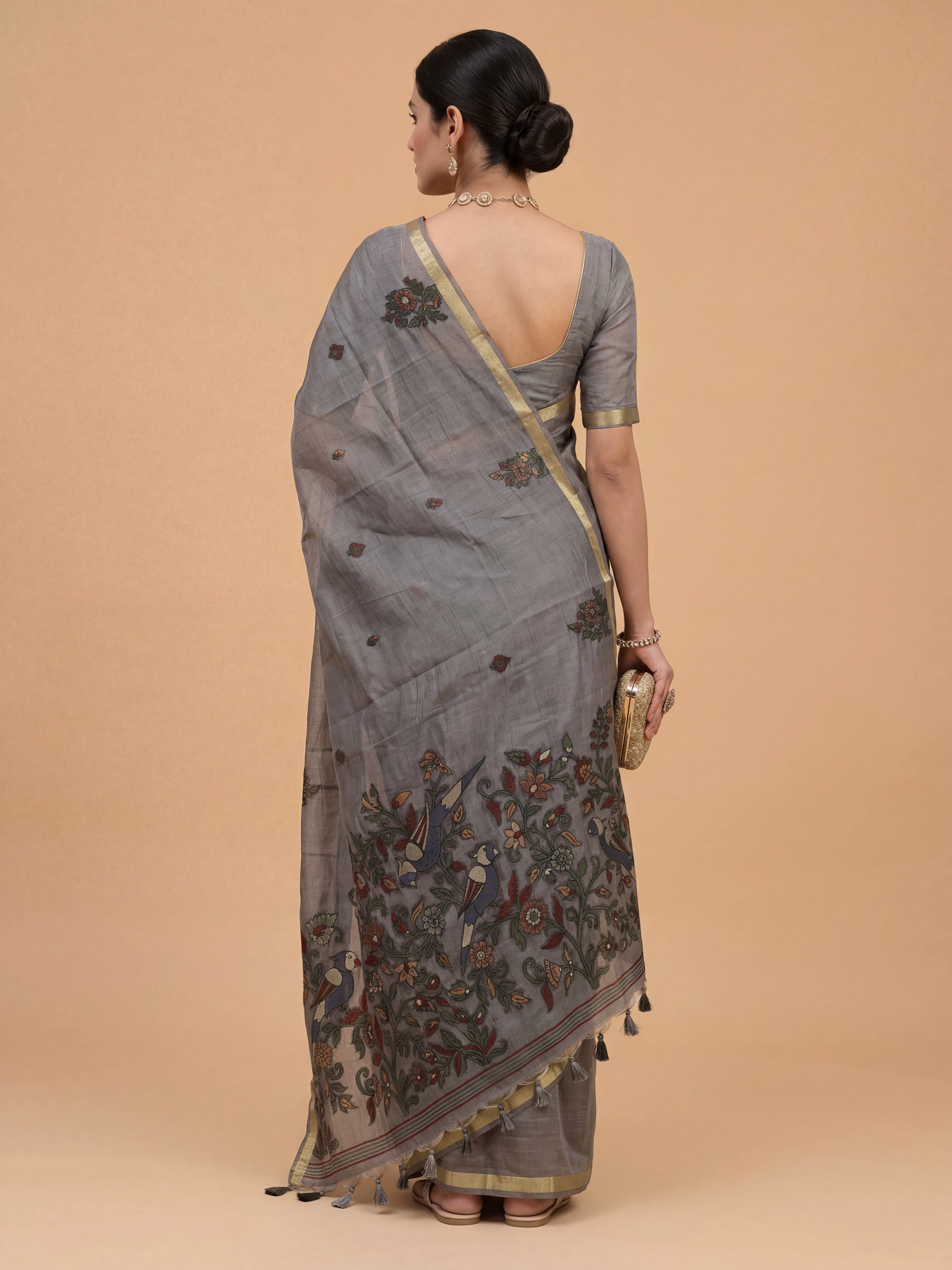 Women Pure Cotton Printed Grey Saree PCS268