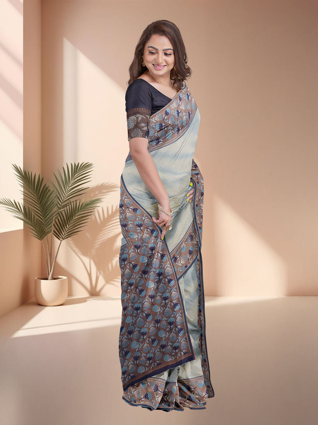 Women Cyan Blue Art Silk Printed Saree ASS76