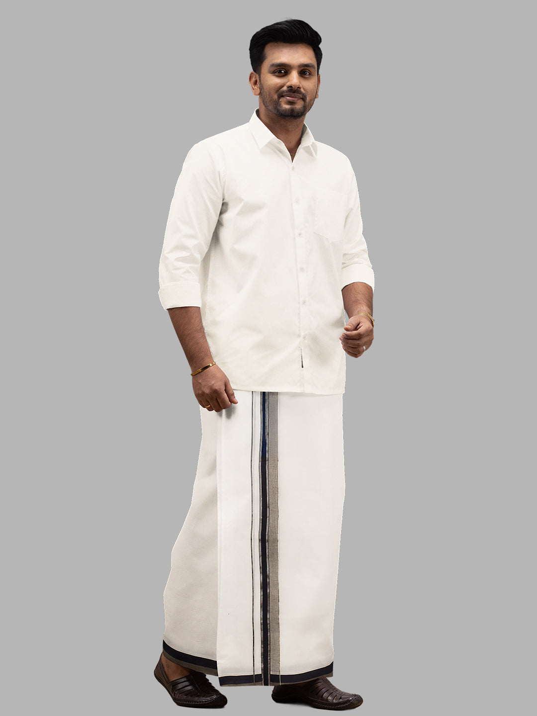 Men Navy Fancy Jari Border Double Layer White Dhoti PJF2