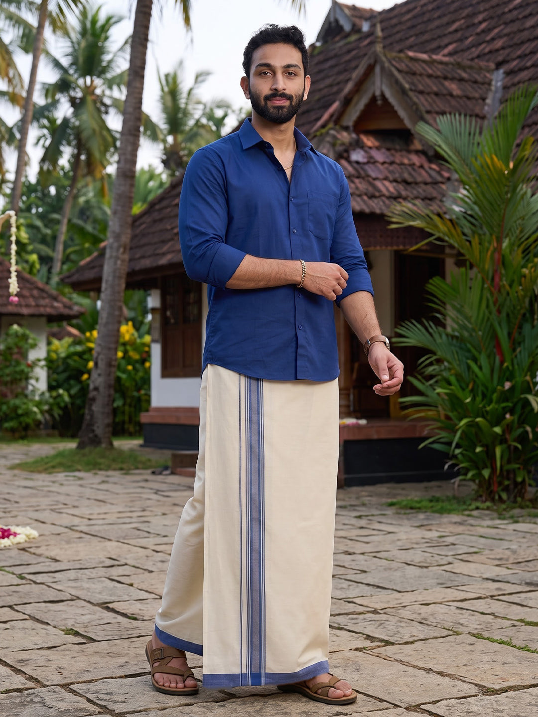 Double Layer 100% Cotton Cream Kora Dhoti with Colour Border - BJM02