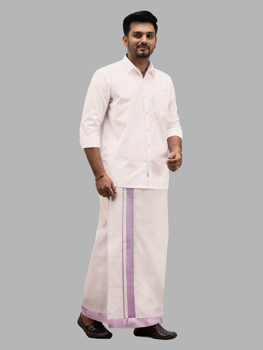 Men Tissue Single Layer Rose Gold Dhoti with Jari Border Primacy